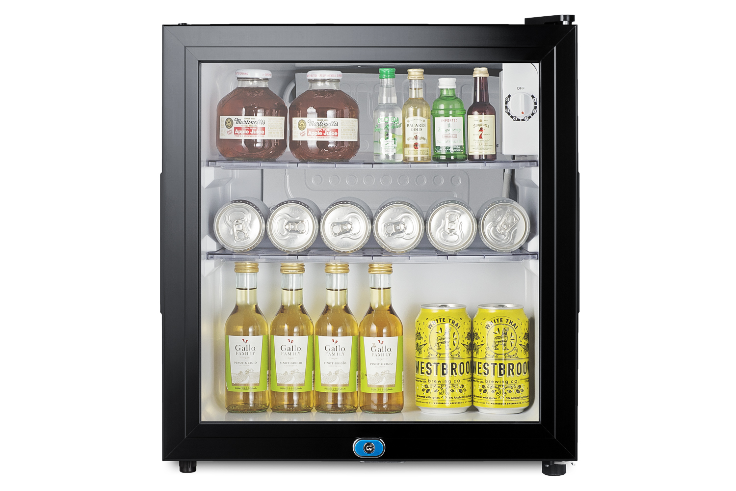 Compact minibar with reversible glass door, front lock, and glossy black cabinet